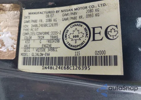 2008 Nissan Altima 3.5 Se z USA, uszkodzony, nr VIN 1N4BL24E68C126395